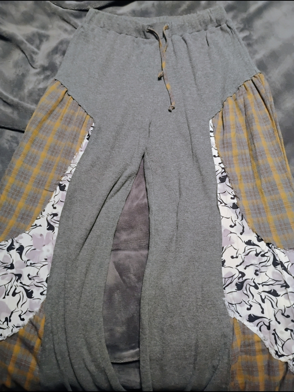 POL Gray Wide-Leg Lounge Pants with Yellow Plaid & Floral Panels
